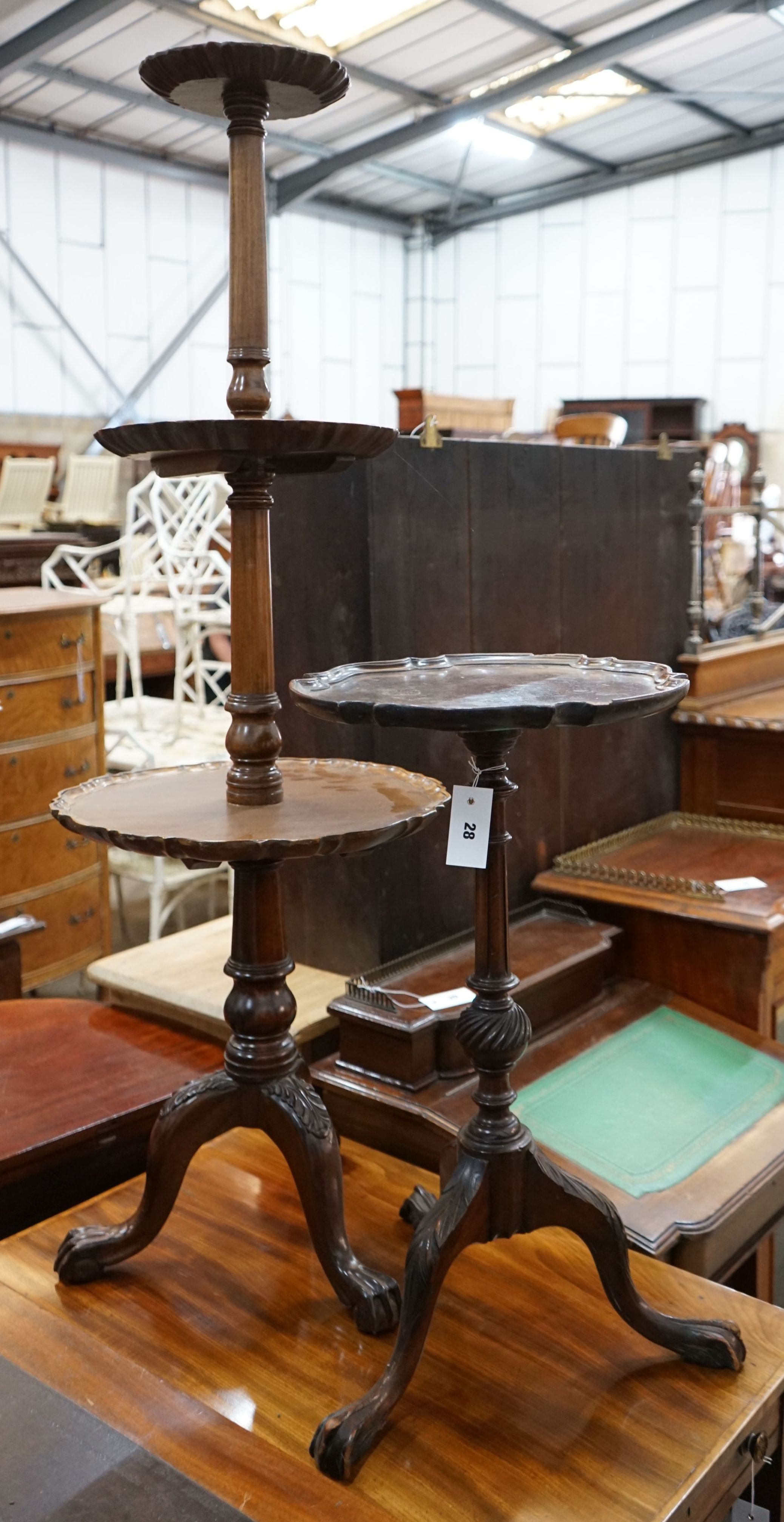 A reproduction George III style mahogany three tier dumb waiter together with a tripod wine table, larger height 120cm